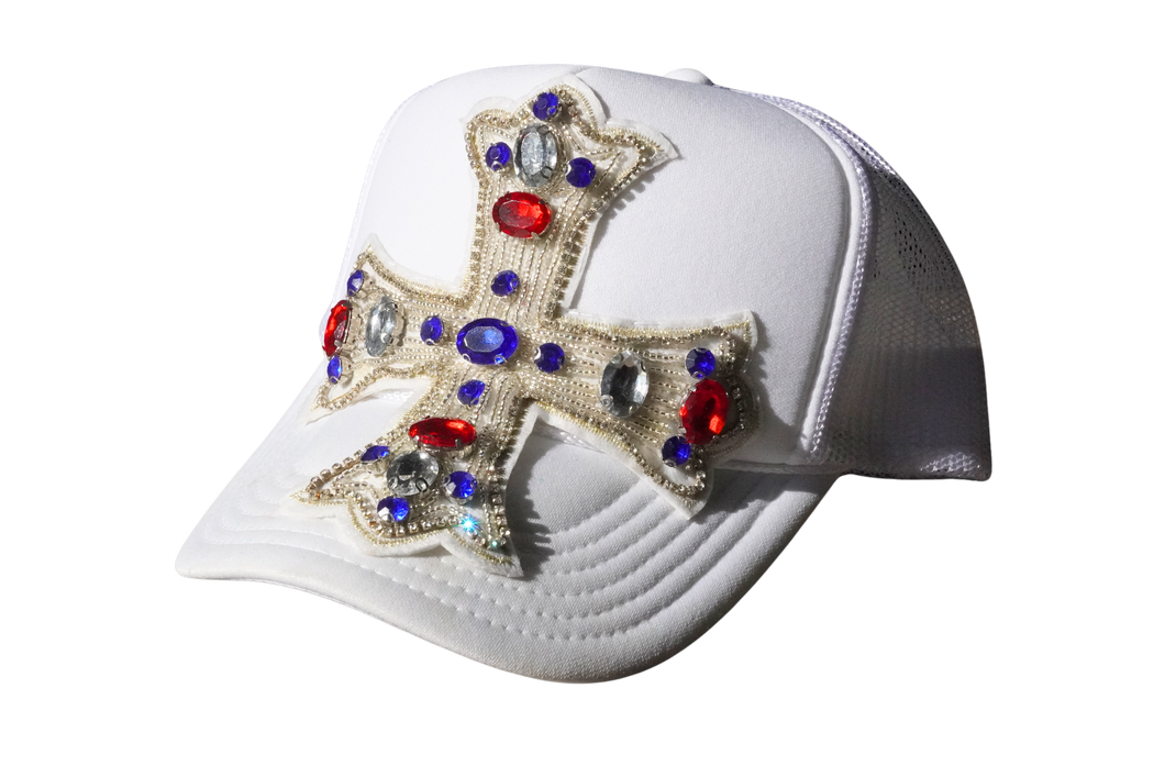 White Crystal Cross Trucker Hat