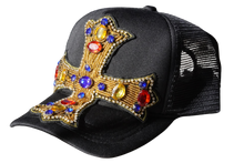 Load image into Gallery viewer, Blk/Blue/Red Crystal Cross Trucker Hat