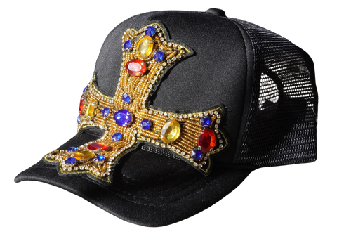 Blk/Blue/Red Crystal Cross Trucker Hat