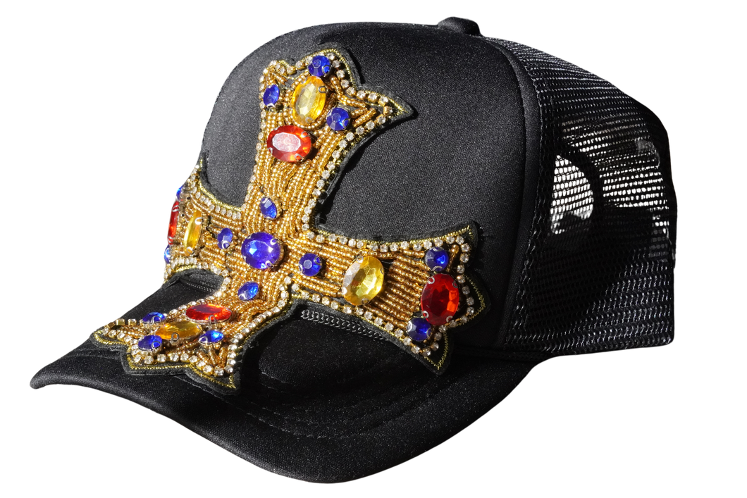 Blk/Blue/Red Crystal Cross Trucker Hat