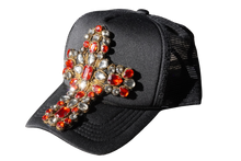 Load image into Gallery viewer, Blk/Red Crystal Cross Trucker Hat