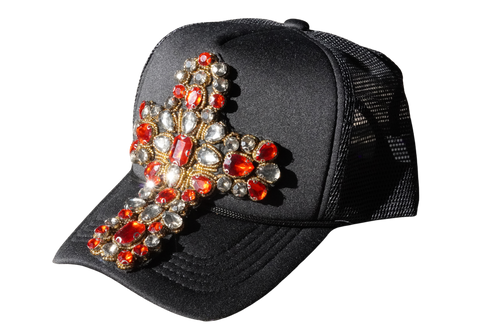 Blk/Red Crystal Cross Trucker Hat