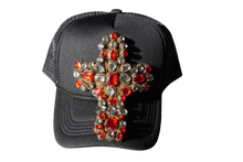 Load image into Gallery viewer, Blk/Red Crystal Cross Trucker Hat