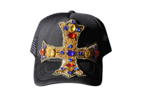 Load image into Gallery viewer, Blk/Blue/Red Crystal Cross Trucker Hat