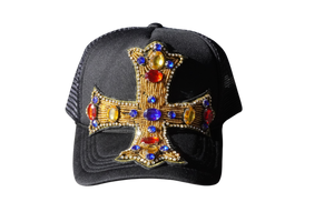 Blk/Blue/Red Crystal Cross Trucker Hat